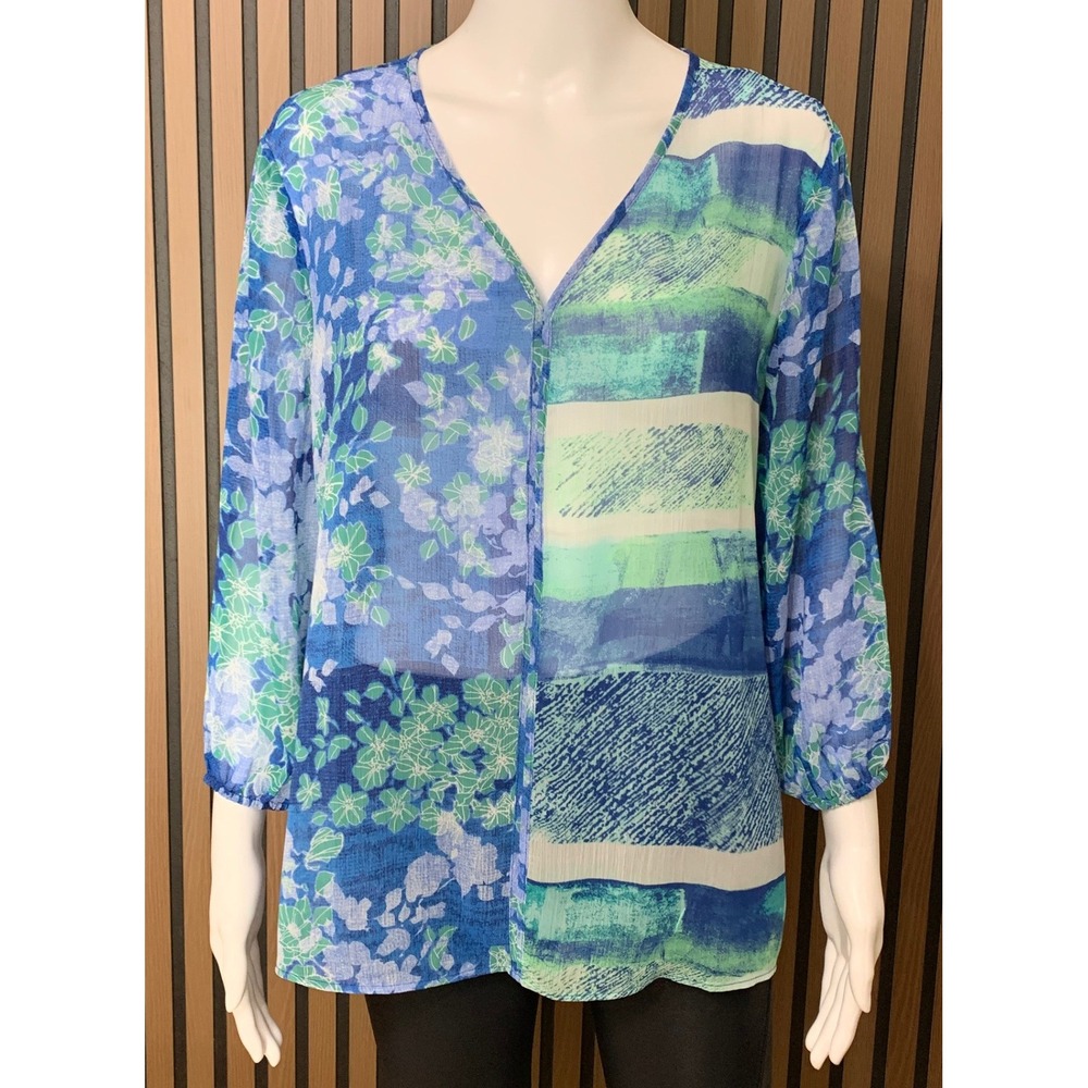 Chicos Women's Print V-Neck Blouse Blue Floral Abstract Chiffon Top Size 2